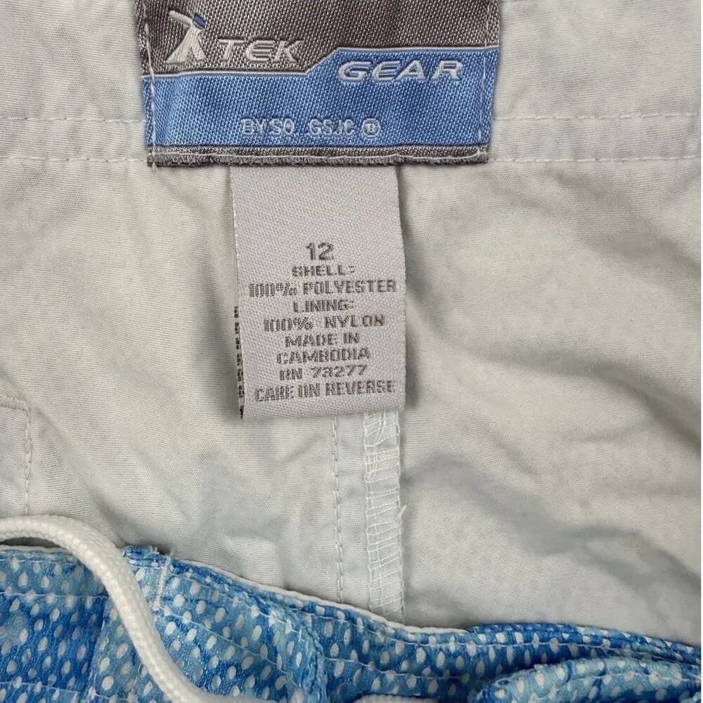 TEK GEAR Pool Shorts Light Blue Hawiian Print Hook Loop Fly Unlined 12